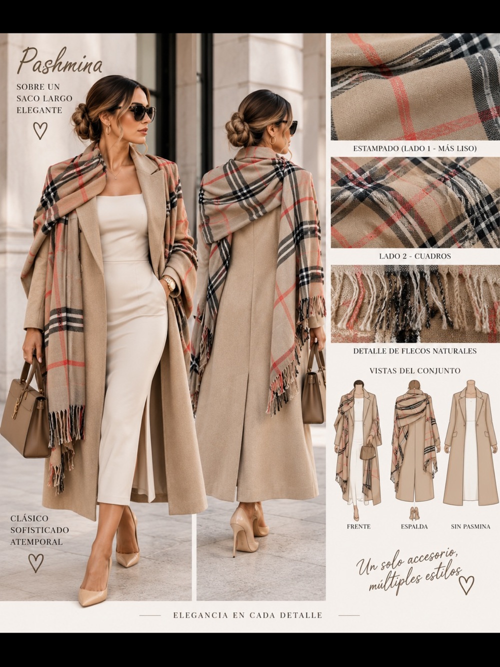 Beige Plaid Pashmina Scarf - Women's Classic Wrap